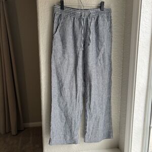 L.L. Bean Womens Linen Striped Pants 8P Blue White Drawstring Wide Leg 507344